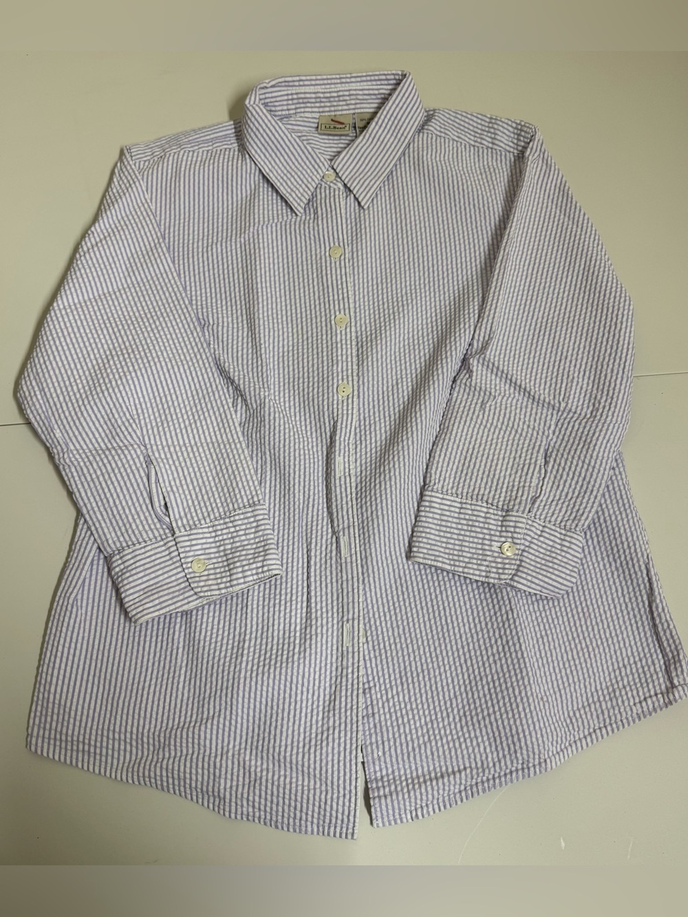 LL Bean Vacationland Seersucker Blue Plaid Long Sleeve Button Up - Medium Petite